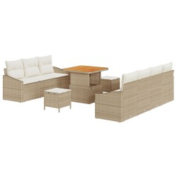 10 darabos kerti kanapé szett párnákkal bézs poli rattan akáccal, 2-üléses kerti kanapé tárolóval és párnákkal bézs poli rattan, 3 darabos kerti étkező szett párnákkal bézs poli rattan akáccal