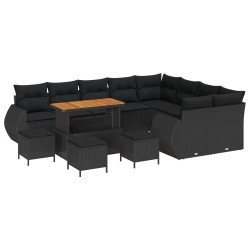 13 darabos kerti kanapé szett párnákkal fekete poli rattan akác, 4 darabos kerti étkező szett párnákkal fekete poli rattan akác