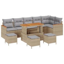 10 darabos kert sofa szett párnákkal bézs poli rattan akác, 4 darabos kert étkező szett párnákkal bézs poli rattan akác
