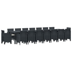 17 darabos kerti étkezőszett párnás antracit poli rattan, kerti asztal antracit 250x100x73 cm poli rattan, kerti asztal antracit 150x100x73 cm poli rattan, kerti székek párnával 4 db antracit poli rattan