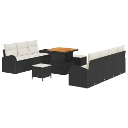 10 darabos kert kanapé szett párnákkal fekete poli rattan akácia, 2-személyes kert kanapé tárolóval és párnákkal fekete poli rattan, 3 darabos kert étkező szett párnákkal fekete poli rattan akácia
