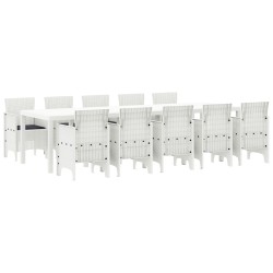 11 részes kerti étkező szett párnákkal fehér polirattan, kerti asztal fehér 150x100x73 cm polirattan, kerti szék párnákkal 2 db fehér polirattan, kerti szék párnákkal 4 db fehér polirattan