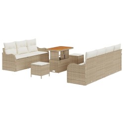 10 darabos kert sofa szett párnákkal bézs poli rattan akácia, 2-fős kert sofa tárolóval & párnákkal bézs poli rattan, 3 darabos kert étkező szett párnákkal bézs poli rattan akácia