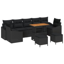 10 darabos kert sofa szett párnákkal fekete poli rattan akácia, 2-fős kert sofas párnákkal fekete poli rattan, 3 darabos kert étkező szett párnákkal fekete poli rattan akácia