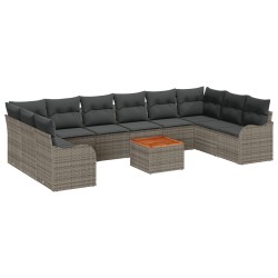 10 darabos kert sofa szett párnákkal szürke poli rattan akácia, 2-személyes kert sofa tárolóval & párnákkal szürke poli rattan