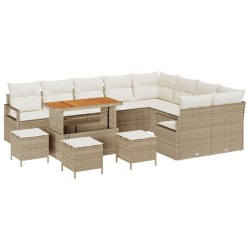 13 darabos kerti kanapé szett párnákkal bézs poly rattan akáciával, 4 darabos kerti étkező szett párnákkal bézs poly rattan akáciával, 2 személyes kerti kanapé párnákkal bézs poly rattan