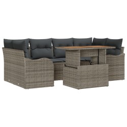 7 részes kerti sofa szett párnákkal szürke poli rattan akácia, 2-személyes kerti sofa párnákkal szürke poli rattan