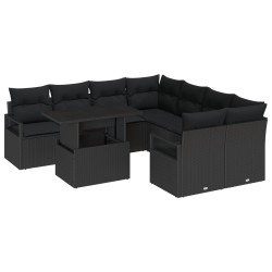 9 darabos kerti sofa szett párnákkal fekete poli rattanban, 2-fős kerti sofa tárhelyes & párnákkal fekete poli rattanban