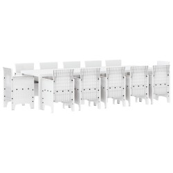 13 darabos kerti étkezőgarnitúra párnákkal fehér polirattan, kerti asztal fehér 150x100x73 cm polirattan, kerti székek párnákkal 4 db fehér polirattan