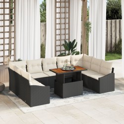 10 darabos kert sofa készlet párnákkal fekete poli rattan