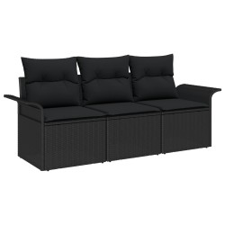 3 darabos kertkanapé szett párnákkal fekete poli rattan, 2 férőhelyes kertkanapé tárolóval és párnákkal fekete poli rattan