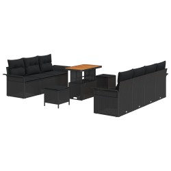 10 darabos kert kanapé szett párnákkal fekete poli rattan akáccal, 2-személyes kert kanapé tárolóval & párnákkal fekete poli rattan, 3 darabos kert étkező szett párnákkal fekete poli rattan akáccal