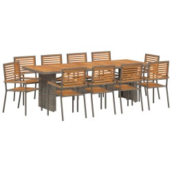 11 részes kert étkező szett szürke poli rattan akácia, egymásra rakható kert székek párnákkal 2 db szürke poli rattan