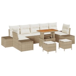 10 darabos kert kanapé szett párnákkal bézs poly rattan akácia, 2 személyes kert kanapé párnákkal bézs poly rattan, 3 darabos kert étkező szett párnákkal bézs poly rattan akácia