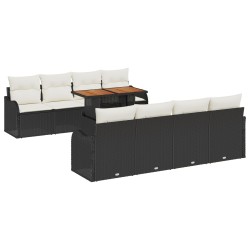 9 részes kertibútor szett párnákkal fekete poli rattan akác, 2 fős kertibútor párnákkal fekete poli rattan