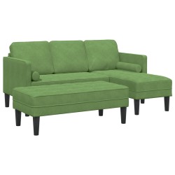 Kerti kanapé párnákkal és ülőgarnitúrával l-alakú világos zöld bársony, 3-fős kanapé chaise l-alakú világos zöld 160 cm bársony, pad világos zöld 113x57x39 cm bársony