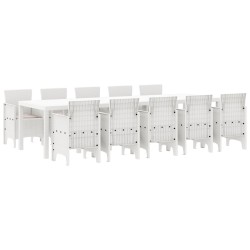11 részes kerti étkezőszett párnákkal fehér polirattanból, kerti asztal 150x100x73 cm fehér polirattanból, kerti szék párnákkal 2 db fehér polirattanból, kerti szék párnákkal 4 db fehér polirattanból
