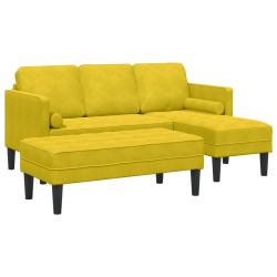 Kertiszófa padokkal és párnákkal l-alakú sárga bársonyos, l-alakú kanapé sárga 173x131x67 cm bársony, pad sárga 113x57x39 cm bársony