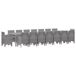 17 darabos kerti étkező szett párnákkal világosszürke poli rattan, kerti asztal világosszürke 250x100x73 cm poli rattan, kerti asztal világosszürke 150x100x73 cm poli rattan, kerti székek párnákkal 4 db világosszürke poli rattan