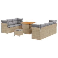 10 darabos kert sofa szett párnákkal bézs poli rattan akác, 3 darabos kert étkező szett párnákkal bézs poli rattan akác
