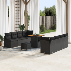 11 darabos kert kanapé szett párnákkal fekete poli rattan akác, 2 személyes kert kanapé párnákkal fekete poli rattan, 3 darabos kert étkező szett párnákkal fekete poli rattan akác