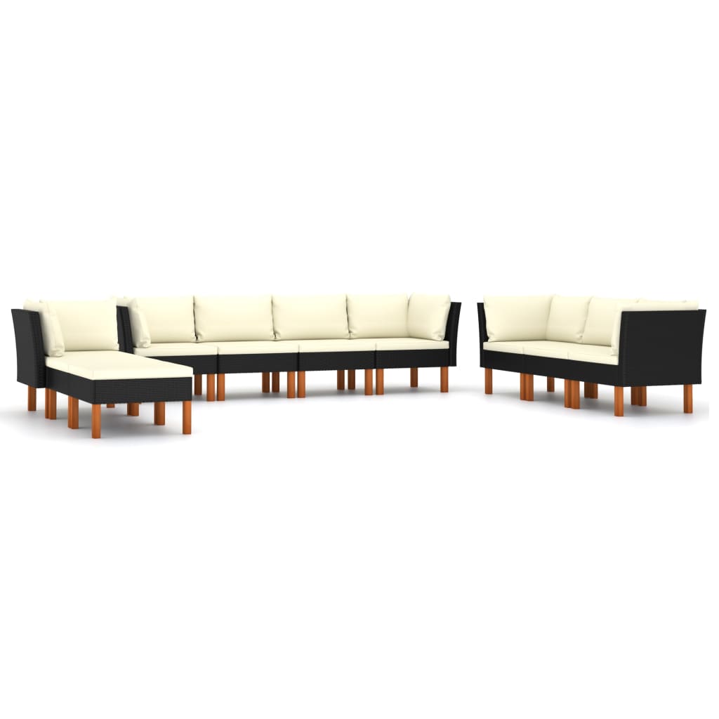 10 részes fekete polyrattan kerti ülőgarnitúra párnákkal