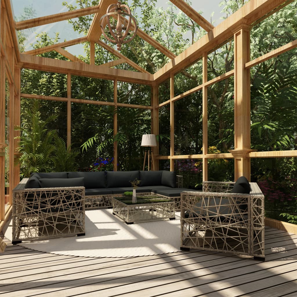 10-részes szürke polyrattan kerti bútorszett párnákkal 10-részes szürke polyrattan kerti bútorszett párnákkal