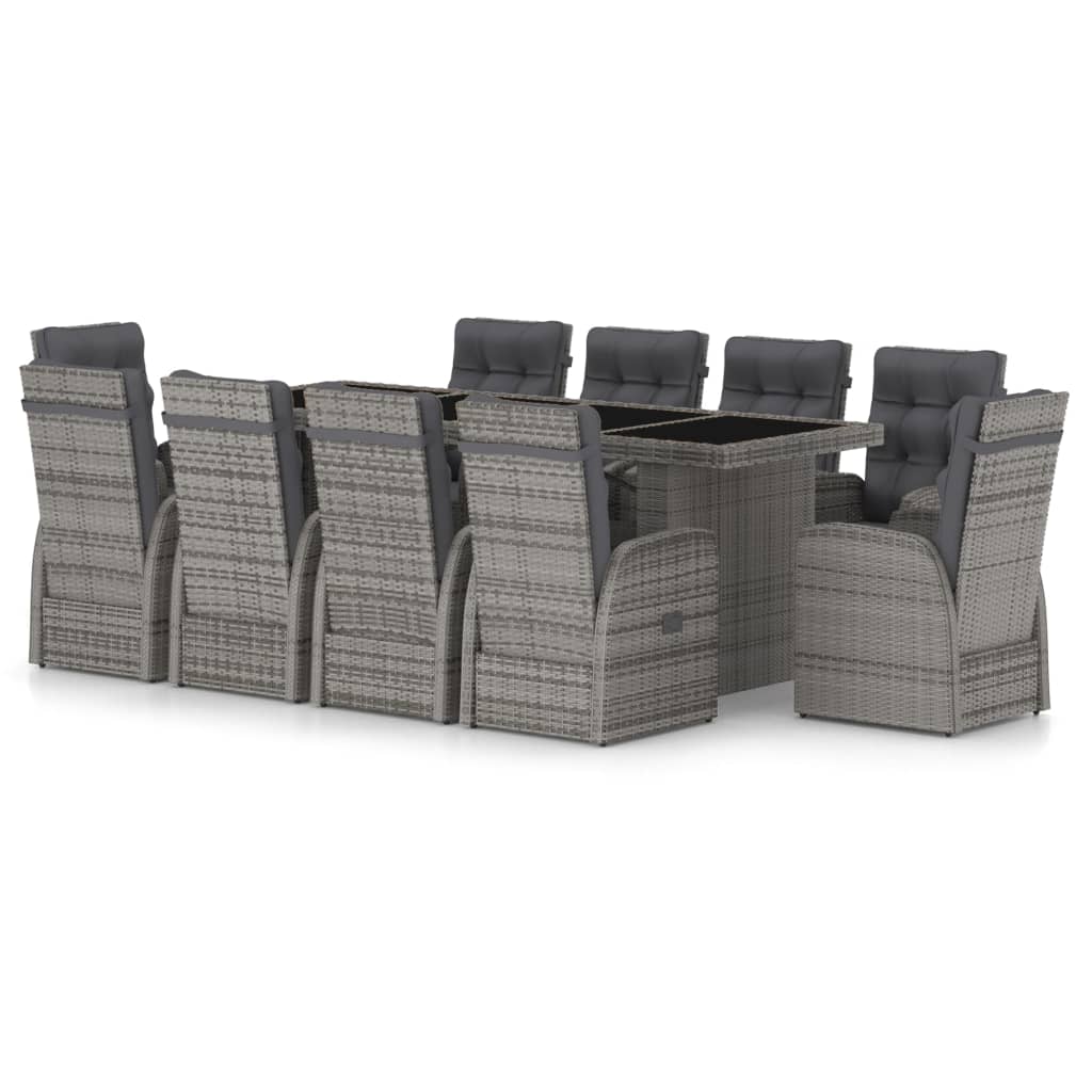 11 részes szürke polyrattan kültéri étkezőszett párnákkal