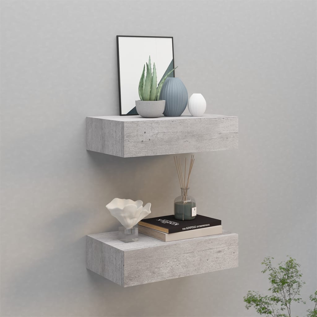 2 db betonszürke fiókos fali polc 40 x 23,5 x 10 cm