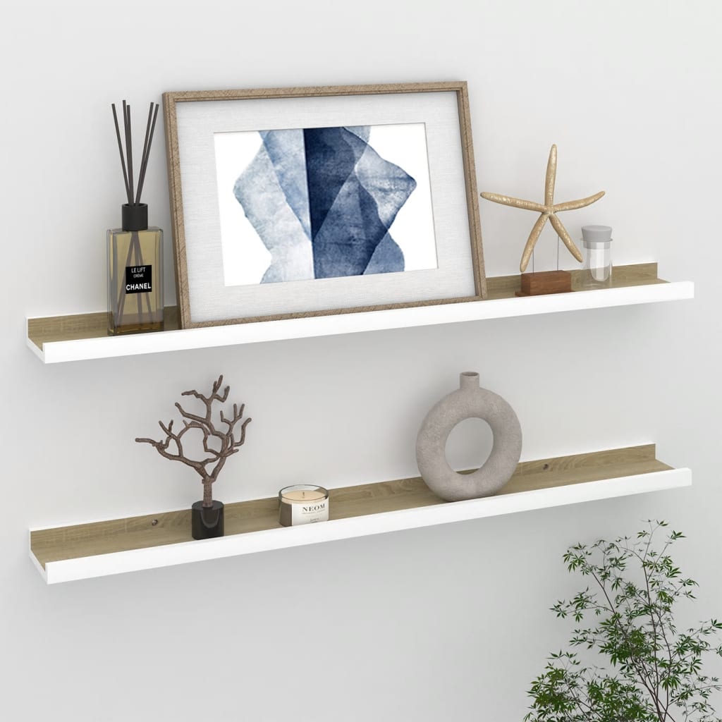 2 db fehér és sonoma-tölgy színű fali polc 80 x 9 x 3 cm 2 db fehér és sonoma-tölgy színű fali polc 80 x 9 x 3 cm