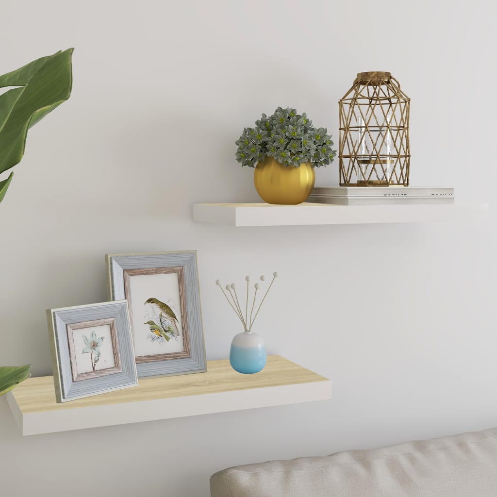 2 db fehér és tölgyszínű mdf fali polc 60 x 23,5 x 3,8 cm