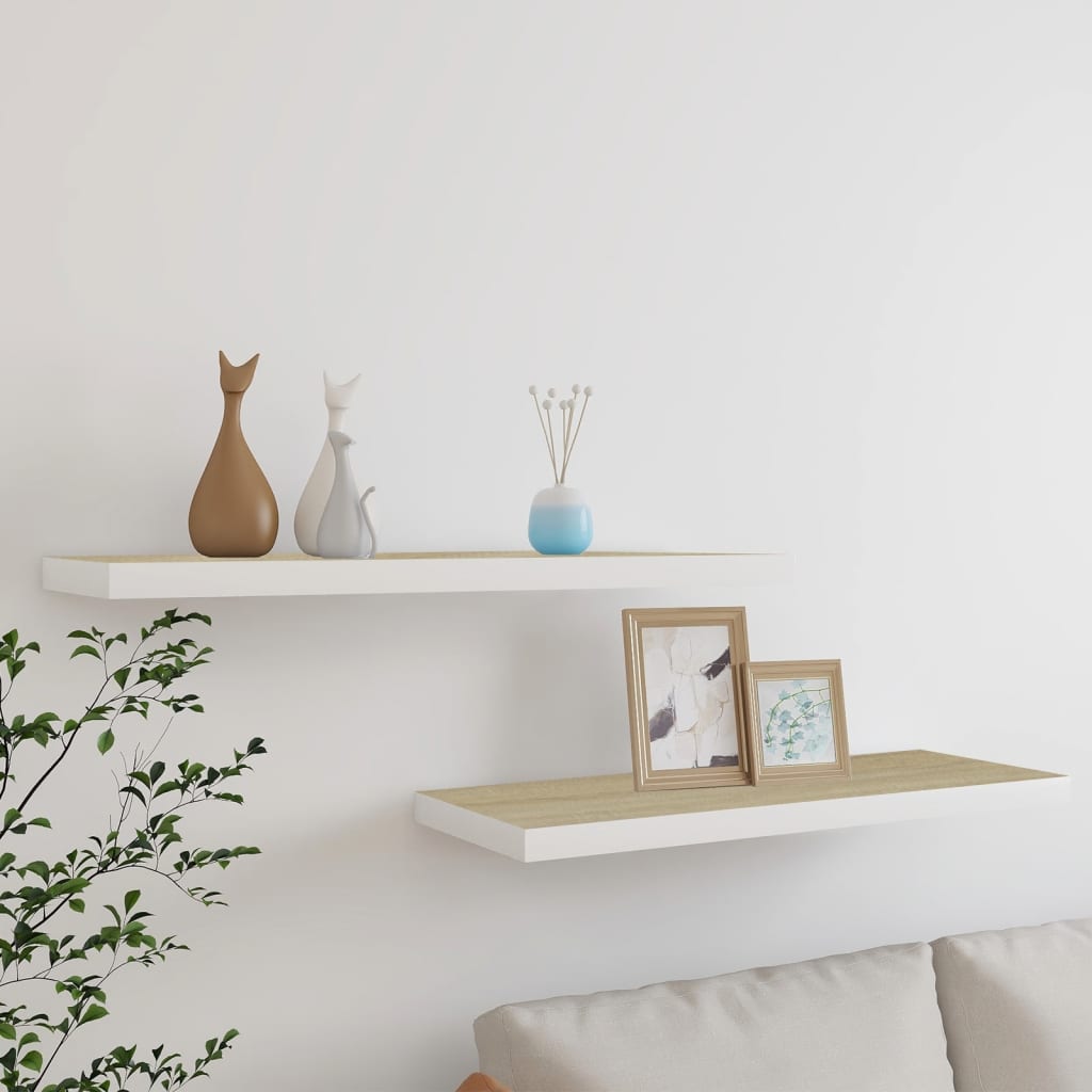 2 db fehér és tölgyszínű mdf fali polc 80 x 23,5 x 3,8 cm