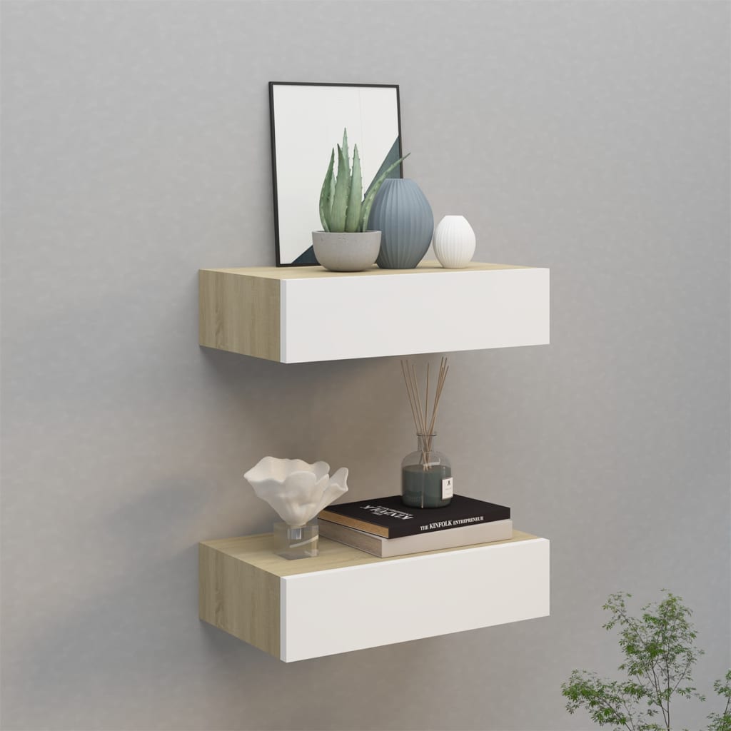 2 db fehér-tölgyszínű fiókos fali polc 40 x 23,5 x 10 cm
