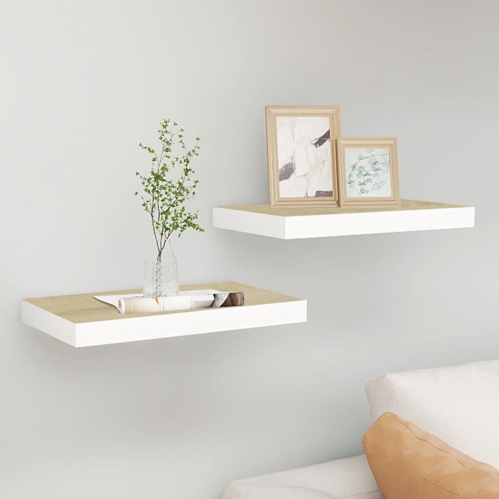 2 db fehér-tölgyszínű mdf lebegő fali polc 40 x 23,5 x 3,8 cm