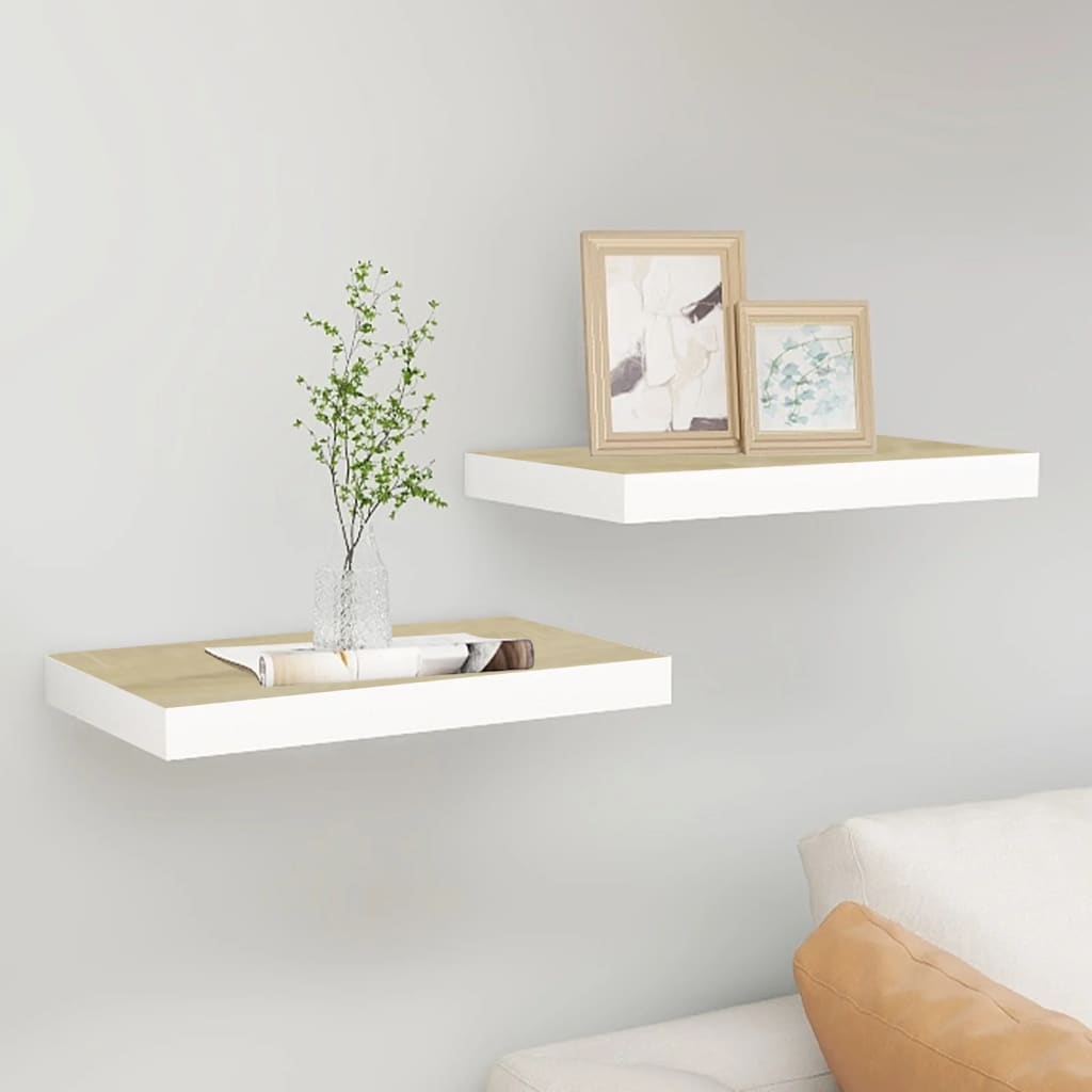 2 db fehér-tölgyszínű mdf lebegő fali polc 50 x 23 x 3,8 cm