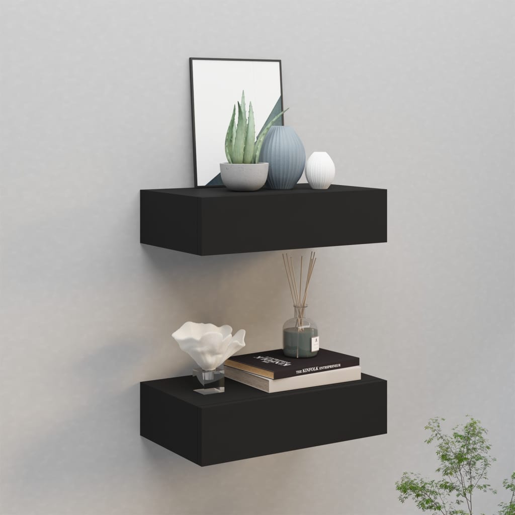 2 db fekete falra szerelhető fiókos polc 40 x 23,5 x 10 cm