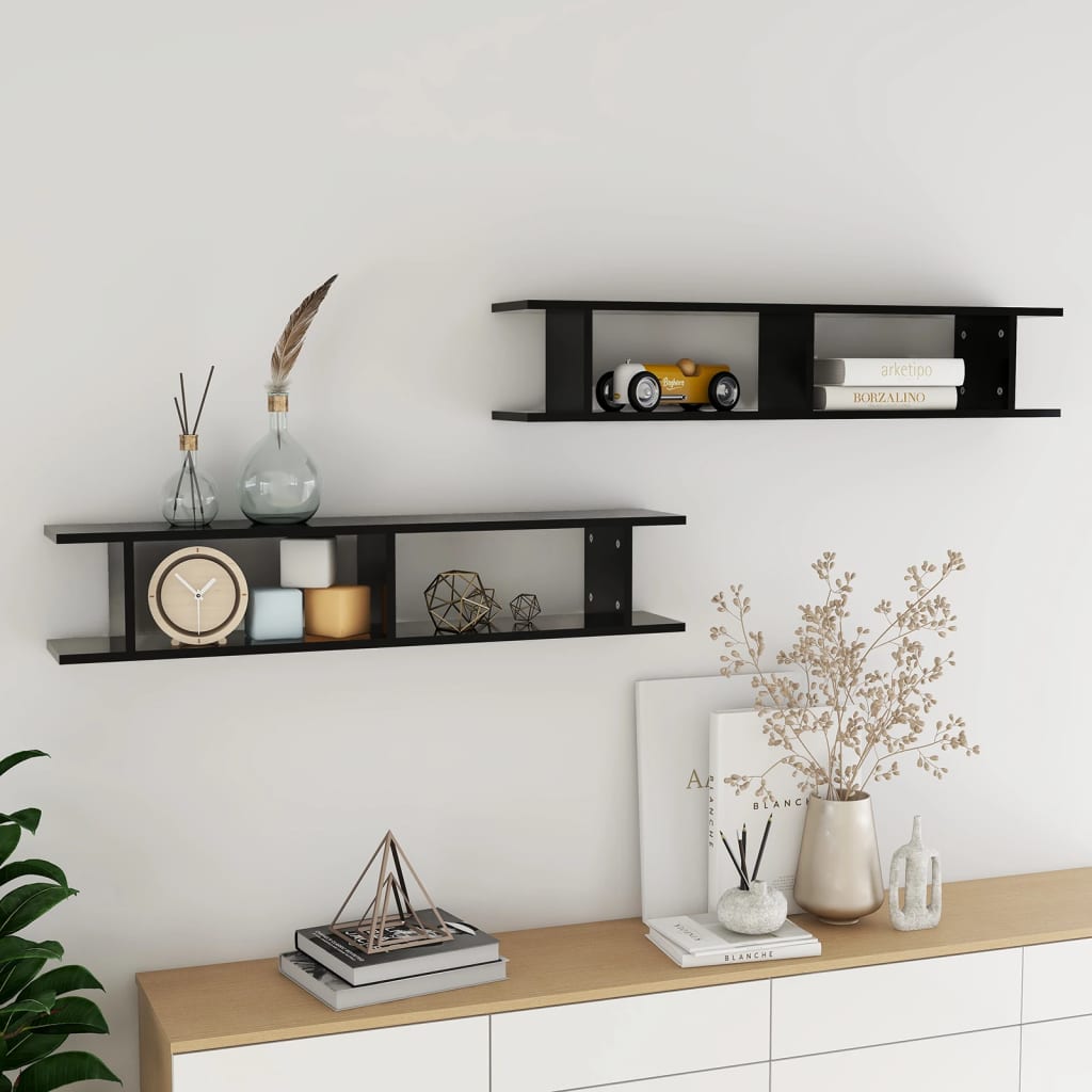 2 db fekete forgácslap fali polc 105 x 18 x 20 cm