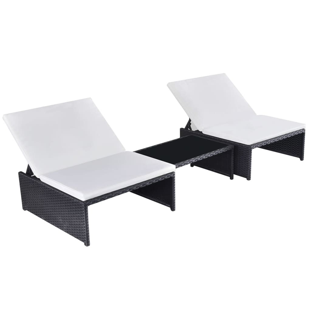 2 db fekete polyrattan napozóágy asztallal