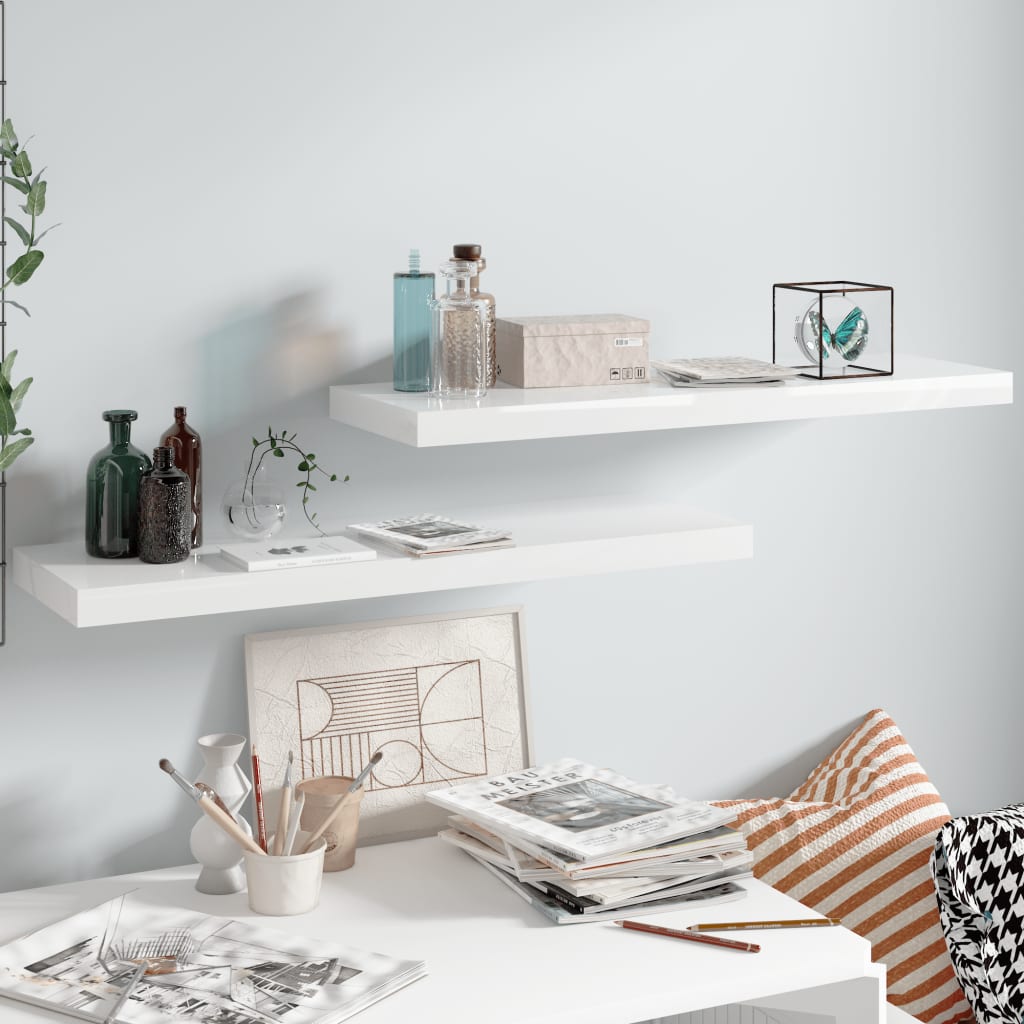 2 db magasfényű fehér mdf fali polc 80 x 23,5 x 3,8 cm