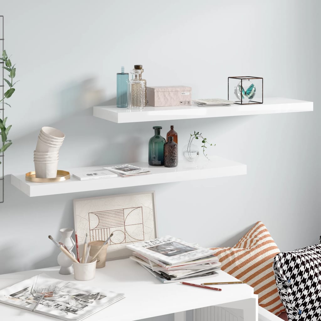 2 db magasfényű fehér mdf fali polc 90 x 23,5 x 3,8 cm