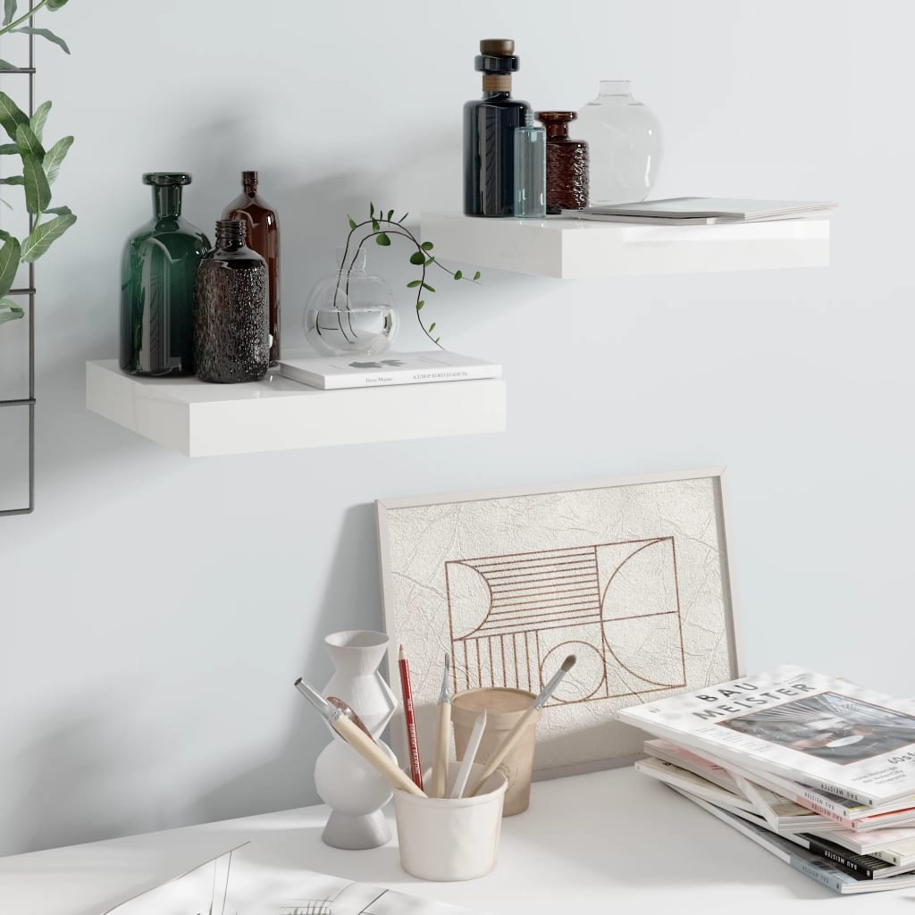 2 db magasfényű fehér mdf lebegő fali polc 23 x 23,5 x 3,8 cm