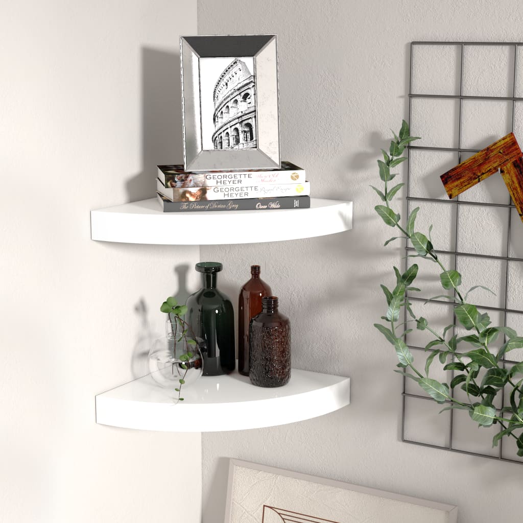 2 db magasfényű fehér mdf lebegő sarokpolc 25 x 25 x 3,8 cm
