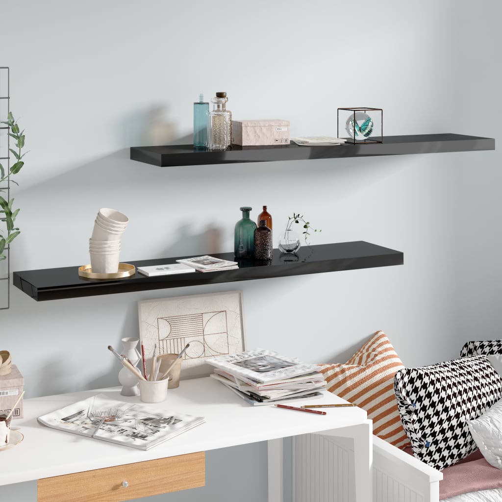 2 db magasfényű fekete mdf fali polc 120 x 23,5 x 3,8 cm
