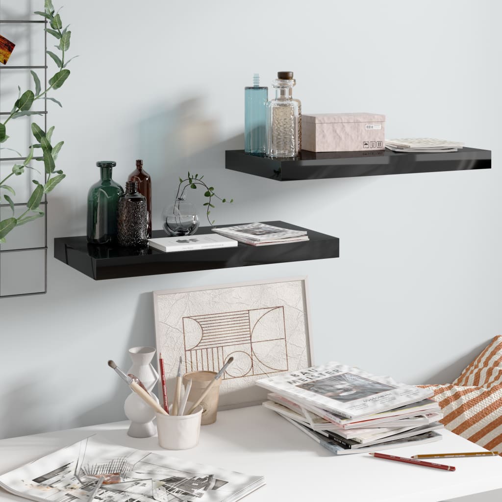 2 db magasfényű fekete mdf fali polc 50 x 23 x 3,8 cm