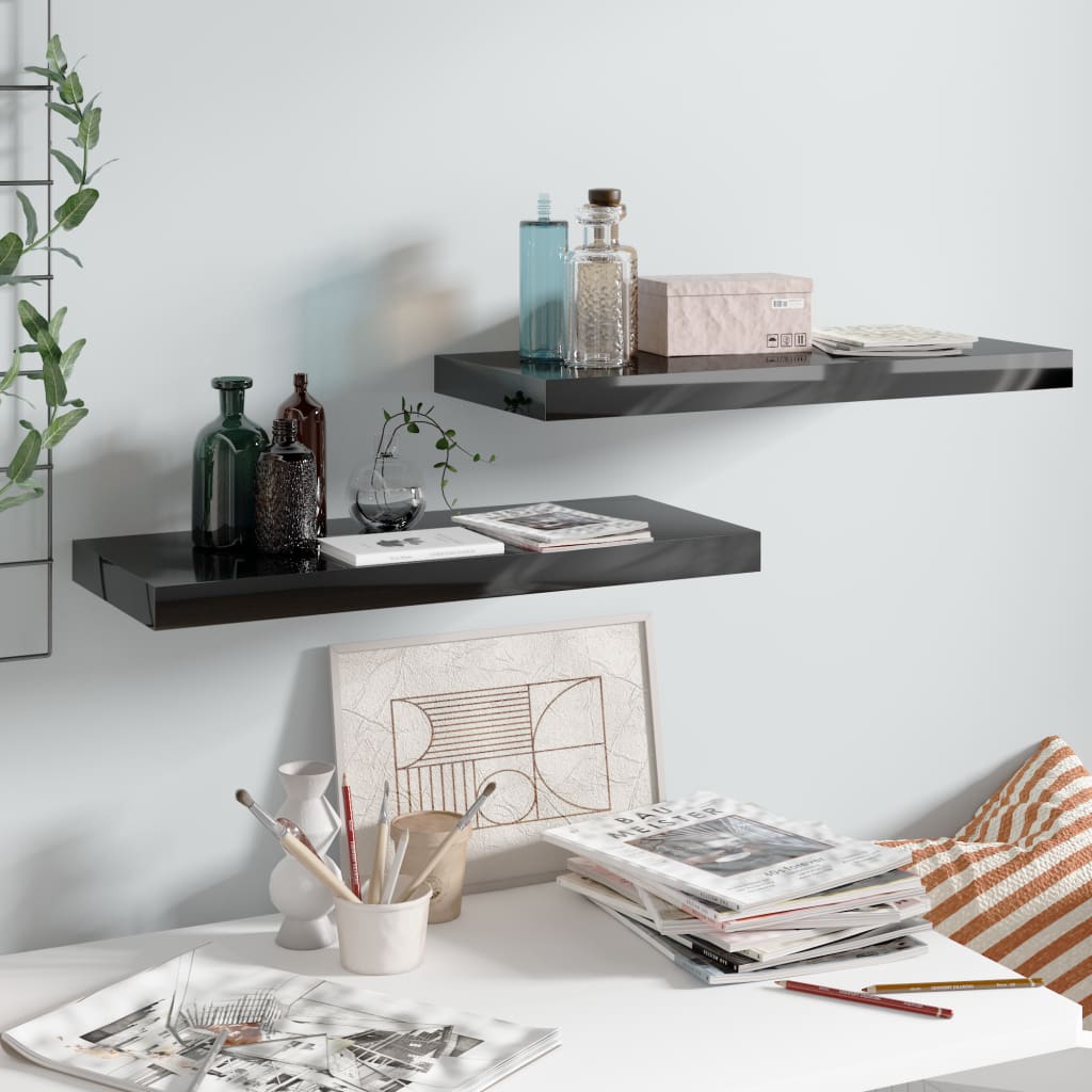 2 db magasfényű fekete mdf fali polc 60 x 23,5 x 3,8 cm