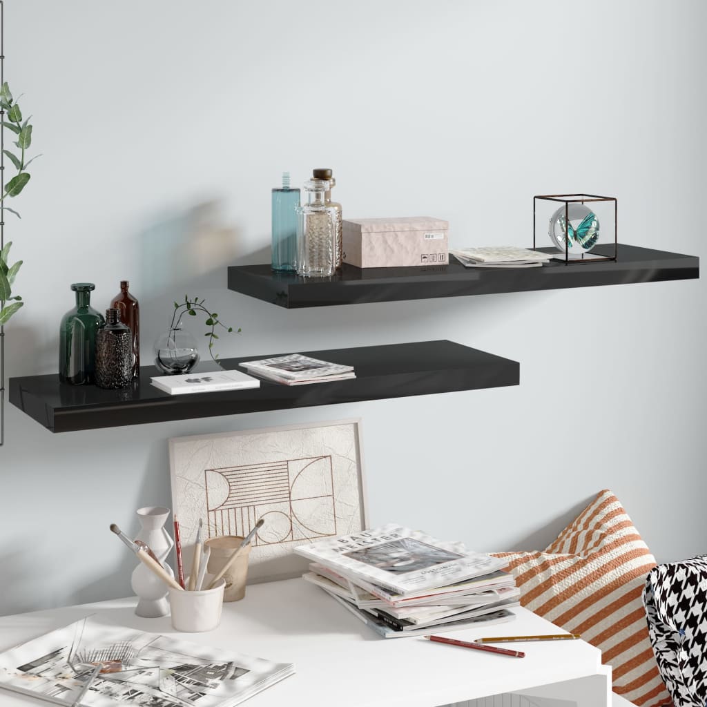 2 db magasfényű fekete mdf fali polc 80 x 23,5 x 3,8 cm