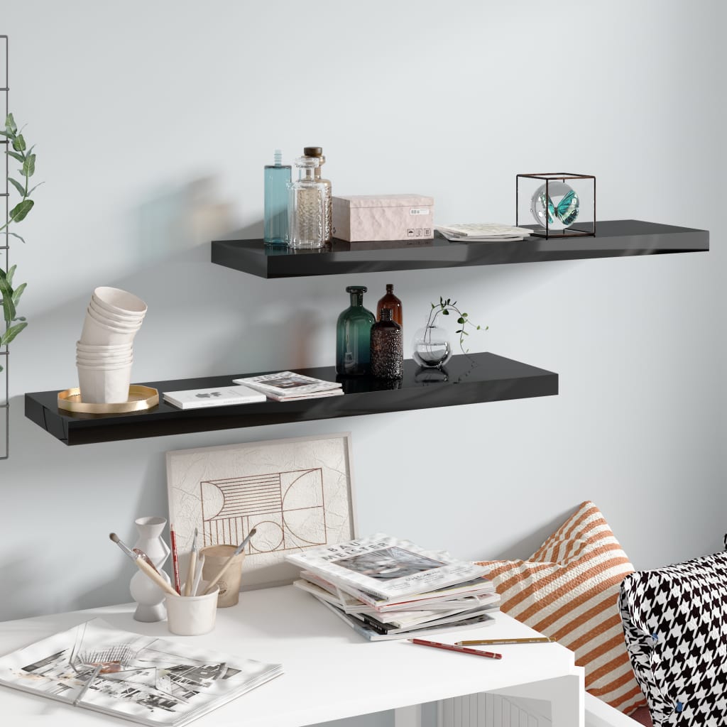 2 db magasfényű fekete mdf fali polc 90 x 23,5 x 3,8 cm