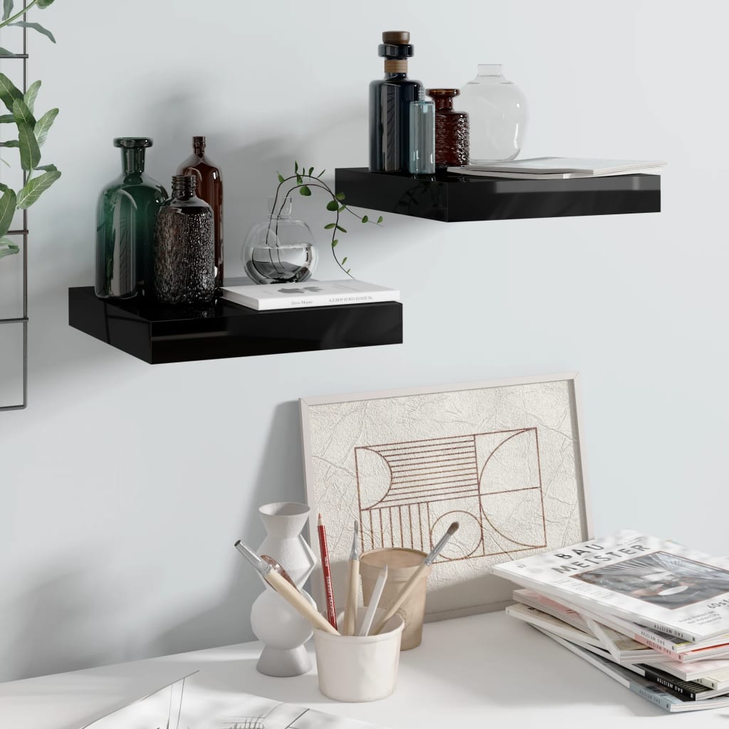 2 db magasfényű fekete mdf lebegő fali polc 23 x 23,5 x 3,8 cm