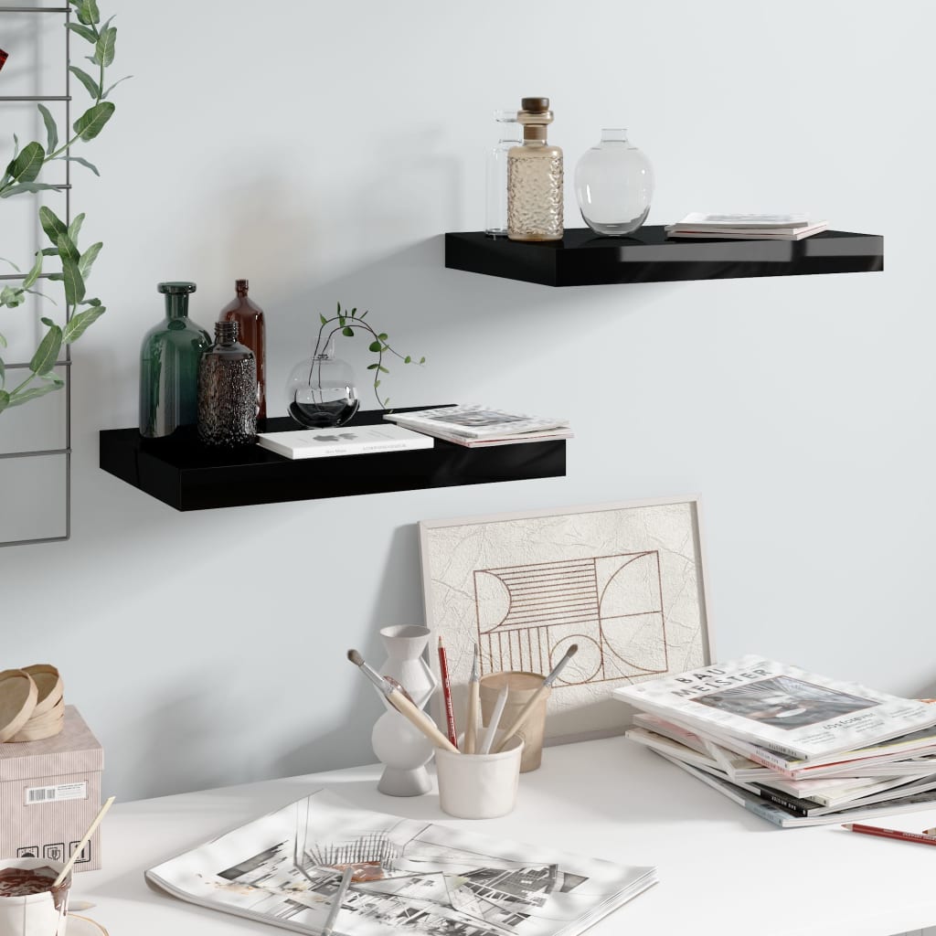 2 db magasfényű fekete mdf lebegő fali polc 40 x 23 x 3,8 cm