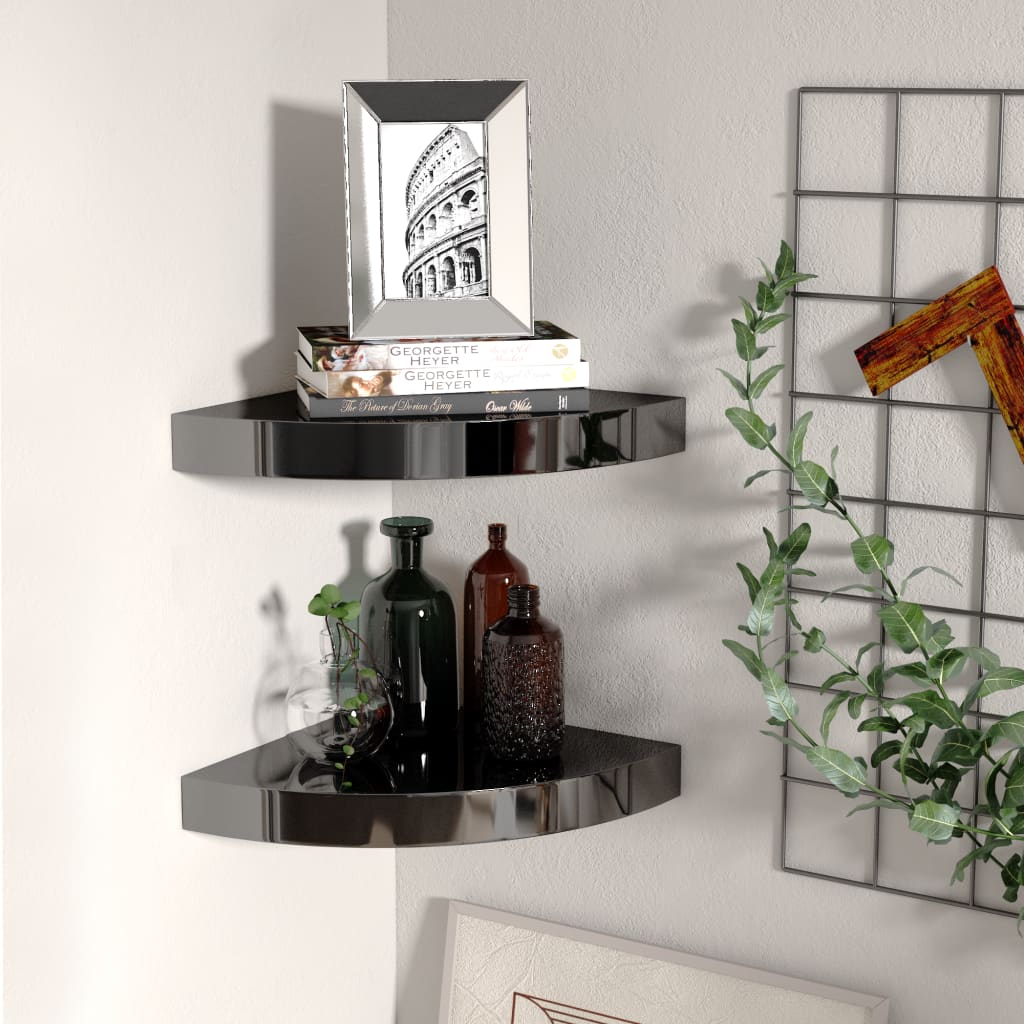 2 db magasfényű fekete mdf lebegő sarokpolc 25 x 25 x 3,8 cm